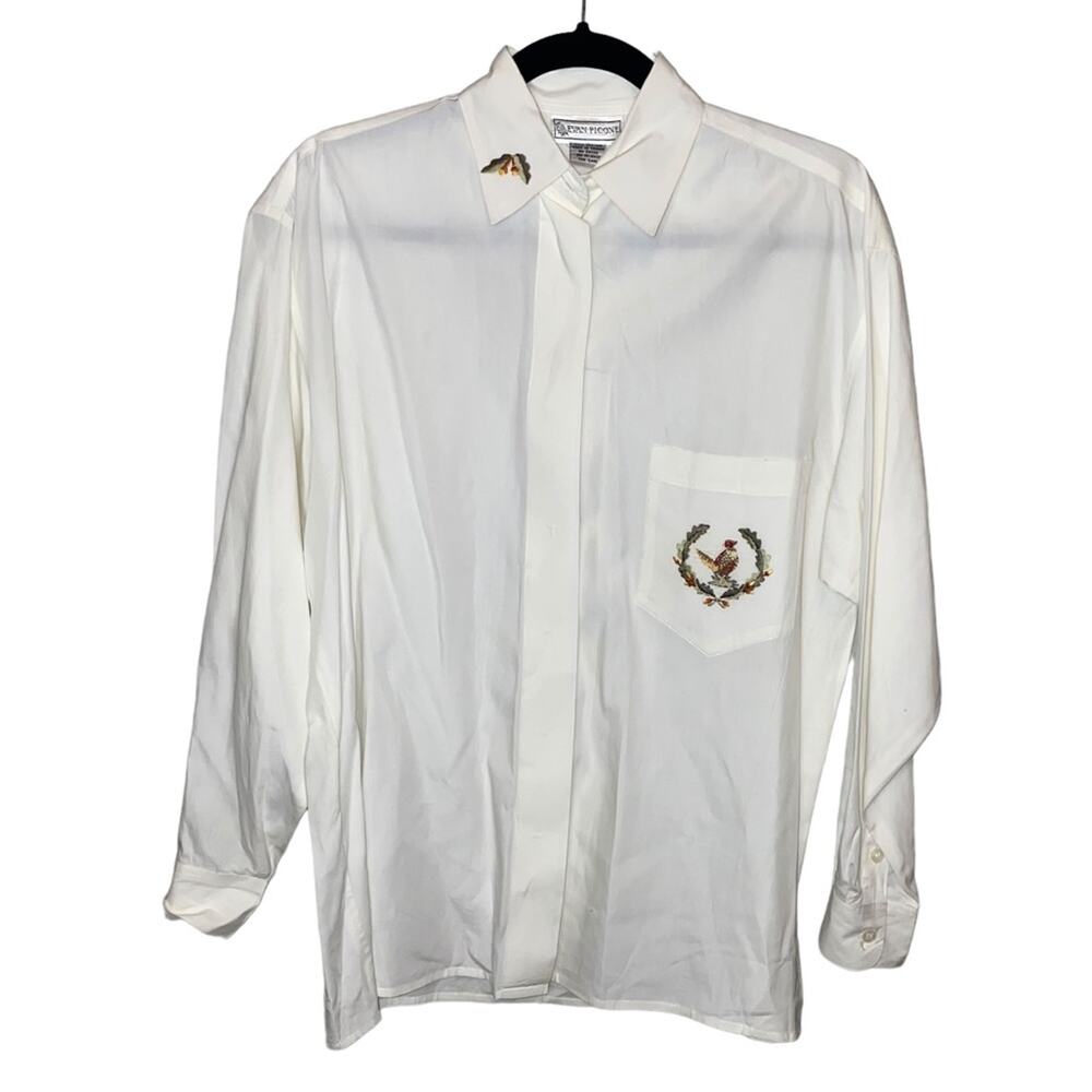 Vintage Evan Picone White Cotton Blouse Embroidered Crest Button Front Size 8